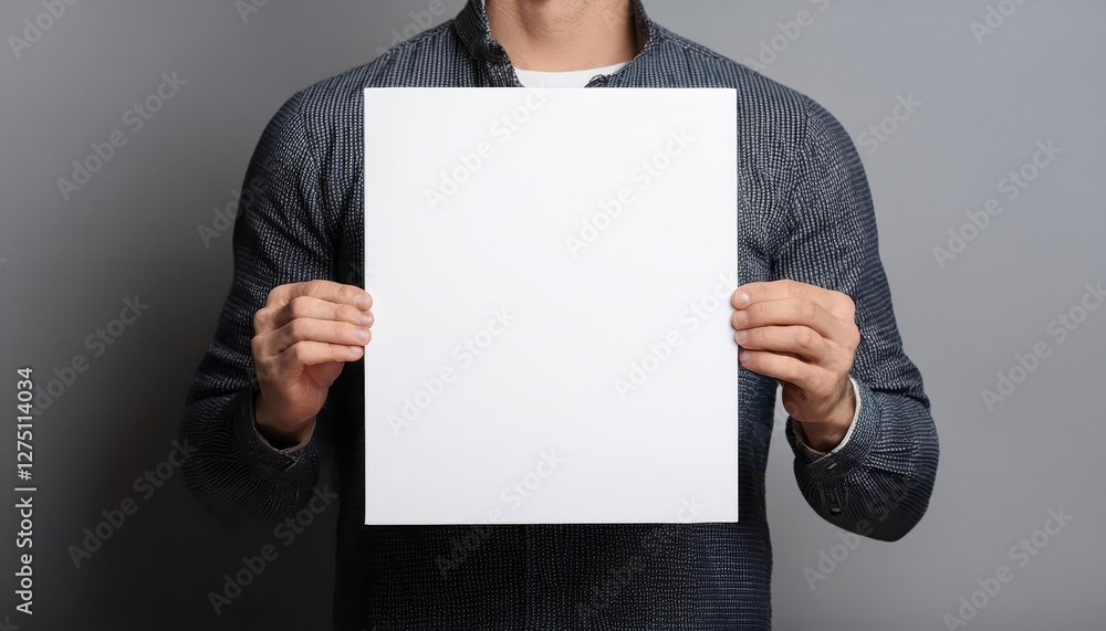 Closeup Portrait of a Man Against a Minimalistic Grey Background, Holding a White Blank Poster A Study in Contrast and Simplicity Closeup Portrait of a Man Against a Minimalistic Grey Background, Holding a White Blank Poster A Study in Contrast and Simplicity
