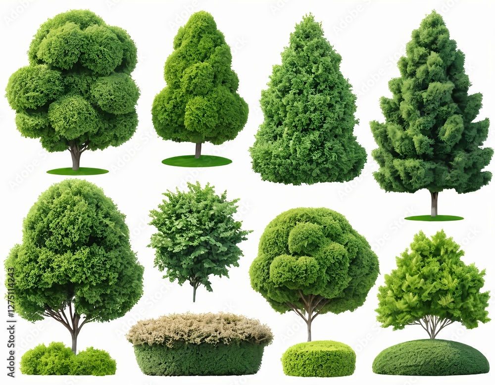 Collection of Green Trees and Shrubs Isolated on White Background Collection of Green Trees and Shrubs Isolated on White Background