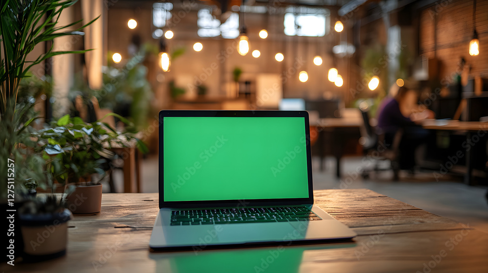 empty street cafe and laptop with green screen empty street cafe and laptop with green screen