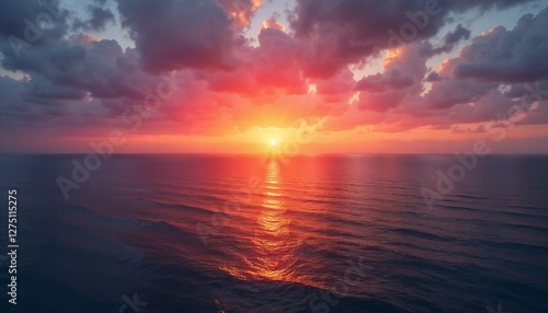 Glowing horizon over calm ocean waters at sunset with colorful clouds illuminating the sky
