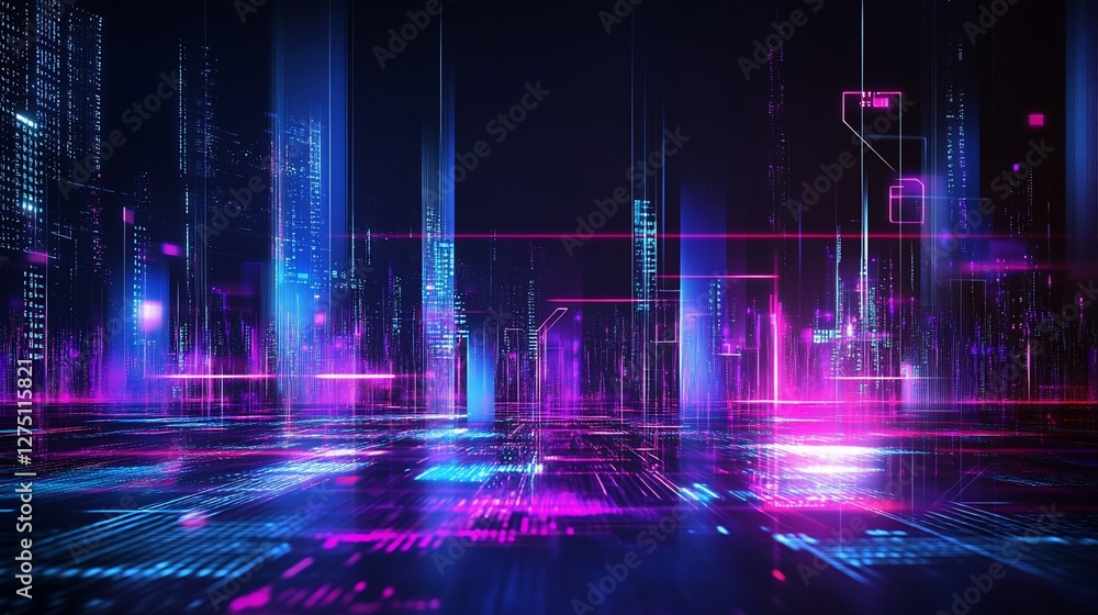 Futuristic city illuminated with blue and magenta lights on a dark background Futuristic city illuminated with blue and magenta lights on a dark background