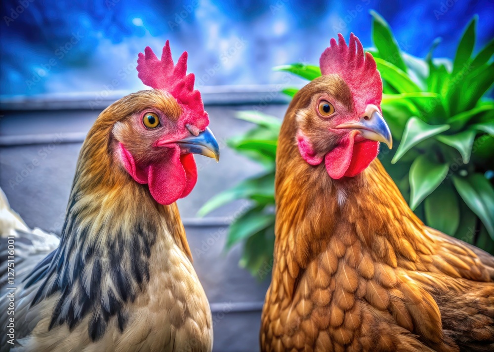 Naklejka premium City hens, stark white background, close-up; a study in feathered texture.