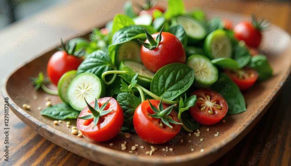 Vibrant Tomato and Cucumber Salad with Fresh Herbs, Rustic Platter Vibrant Tomato and Cucumber Salad with Fresh Herbs, Rustic Platter