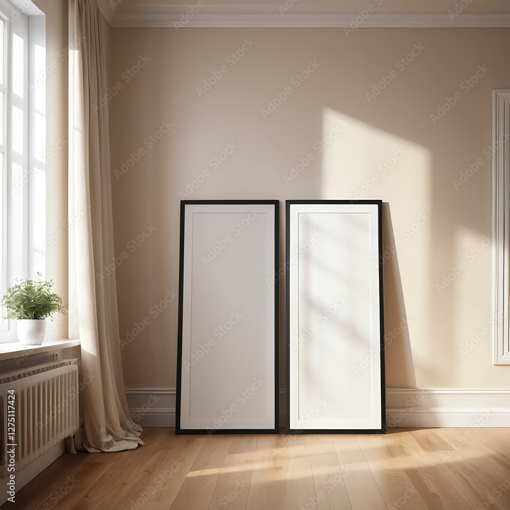 Two Blank Frames in a Sunny Room Interior Two Blank Frames in a Sunny Room Interior
