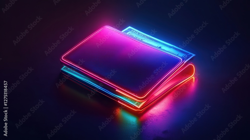 neon glowing wallet with bills inside, shining on a dark background, showcasing the idea of prosperity and financial growth. neon glowing wallet with bills inside, shining on a dark background, showcasing the idea of prosperity and financial growth.