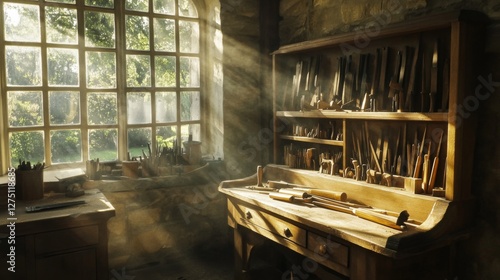 Sunlight floods antique woodworking shop