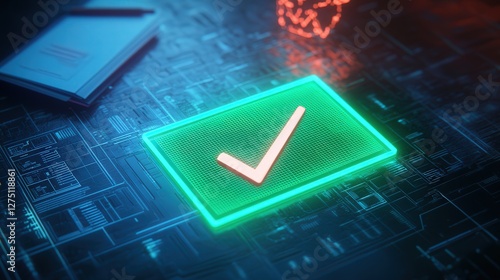 eon green checkmark glowing on top of a document icon, representing a successful audit completion in a modern, digital environment