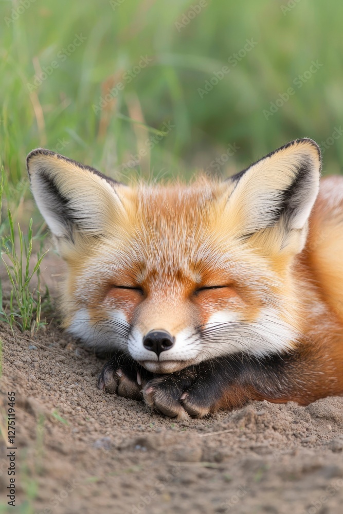 Naklejka premium Fox rests near its den in grassy field. Wildlife photography for nature lovers