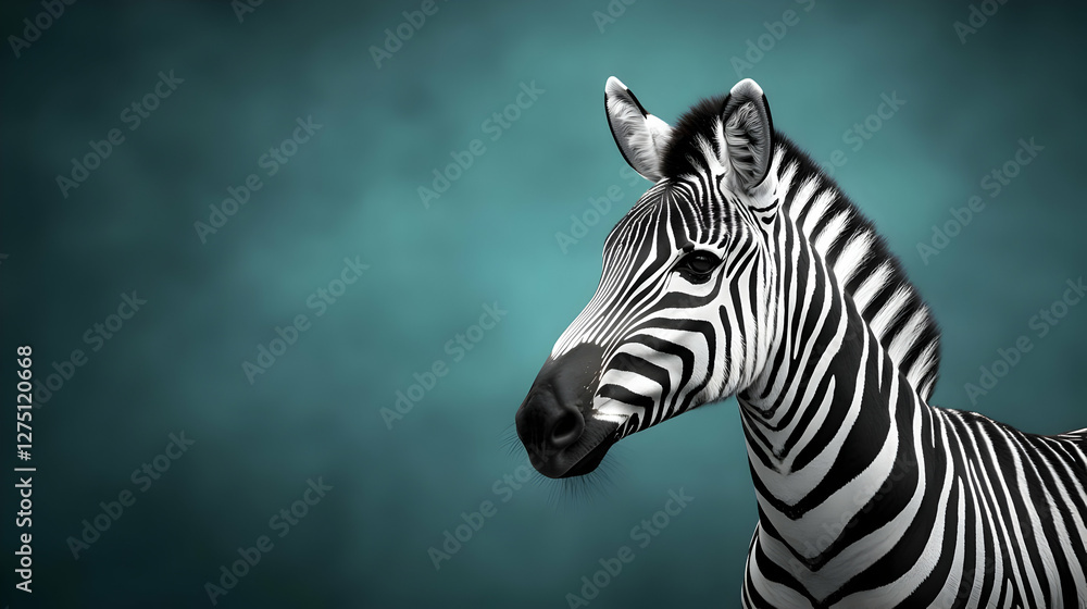 A striking close-up of a zebra showcasing its unique black and white stripes against a soft turquoise background.