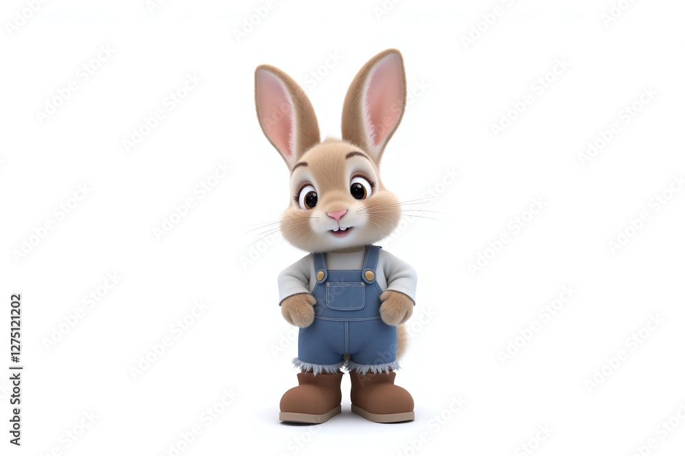 Fototapeta premium Rabbit in overalls and boots stands with paws on hips looks at cam