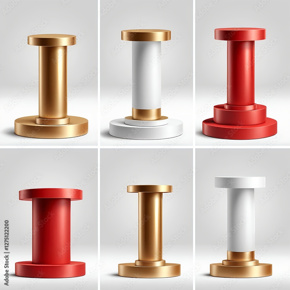 Set of Six Realistic 3D Rendered Cylindrical Pedestals - Gold, White, Red Set of Six Realistic 3D Rendered Cylindrical Pedestals - Gold, White, Red