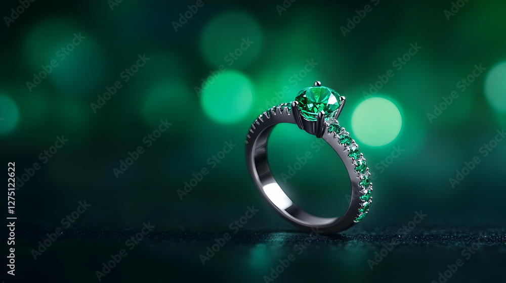 A stunning emerald ring displayed against a blurred green bokeh background, highlighting its elegance and beauty. A stunning emerald ring displayed against a blurred green bokeh background, highlighting its elegance and beauty.
