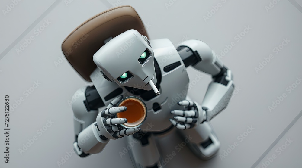 A Futuristic Robot Enjoying a Moment of Relaxation with Coffee and a Cigarette A Futuristic Robot Enjoying a Moment of Relaxation with Coffee and a Cigarette