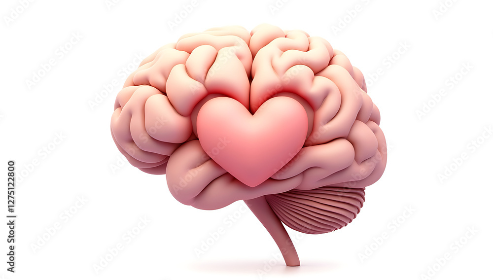 Simple 3D illustration of a brain with a heart shape inside, symbolizing emotional well-being, on a plain white background. Simple 3D illustration of a brain with a heart shape inside, symbolizing emotional well-being, on a plain white background.