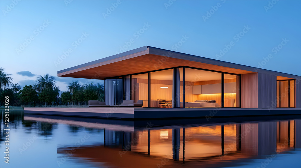 A stunning modern house with expansive windows, reflecting beautifully on the water at dusk, showcasing innovative architectural design. A stunning modern house with expansive windows, reflecting beautifully on the water at dusk, showcasing innovative architectural design.