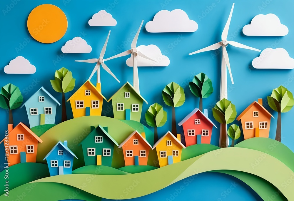 Naklejka premium Eco-Friendly Village Sustainable Living in a Papercraft Idyll