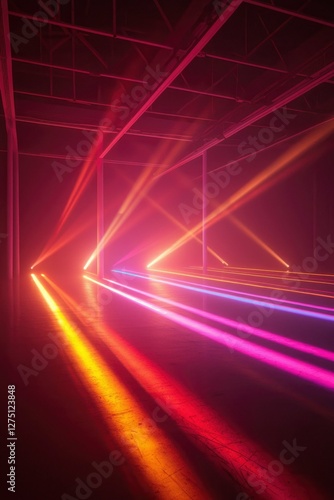 Light rays shining in dark industrial building for stage lighting or background