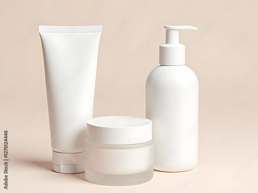 Studio shot of three different white cosmetic containers; a tall tube, a cream jar, and a bottle with a pump Studio shot of three different white cosmetic containers; a tall tube, a cream jar, and a bottle with a pump