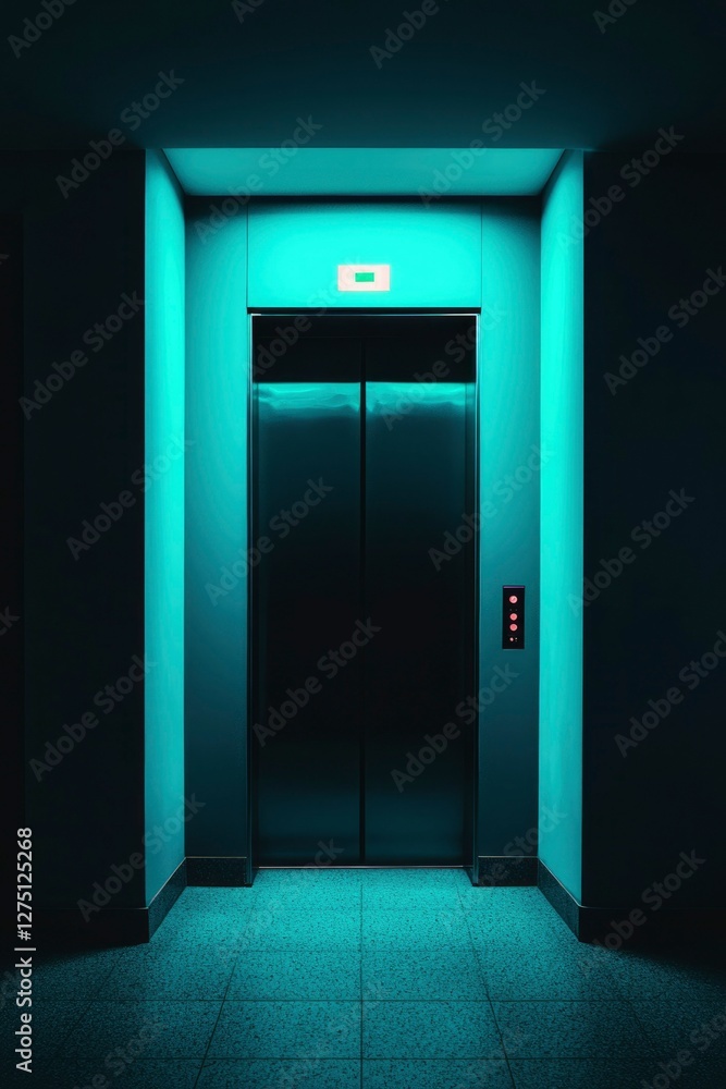 Futuristic elevator with blue lighting in the hall for an office or apartment Futuristic elevator with blue lighting in the hall for an office or apartment
