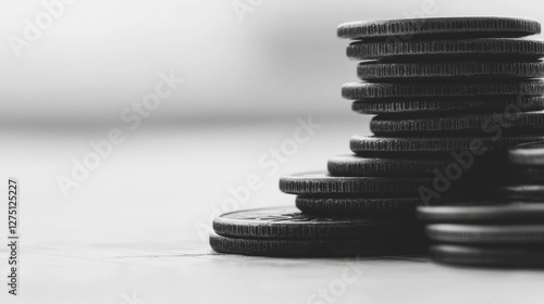 Stacked coins arranged on a flat surface with soft background light photo