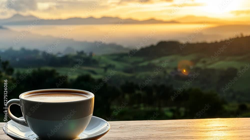 Enjoying a warm cup of coffee with a breathtaking panoramic countryside view at sunset, Cup of coffee on table with panoramic countryside view and morning light Tranquil lifestyle concept Enjoying a warm cup of coffee with a breathtaking panoramic countryside view at sunset, Cup of coffee on table with panoramic countryside view and morning light Tranquil lifestyle concept