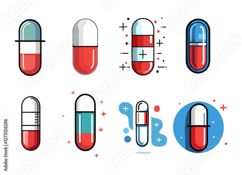 Icons sets collection of stylized pill illustrations in red, white, and blue colors, each with unique designs, highlighting various aspects of pharmaceuticals on a dark background