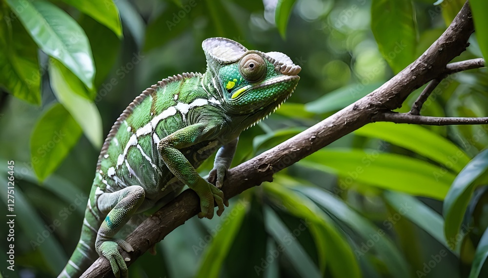 Green Chameleon on Branch in Lush Tropical Foliage Green Chameleon on Branch in Lush Tropical Foliage