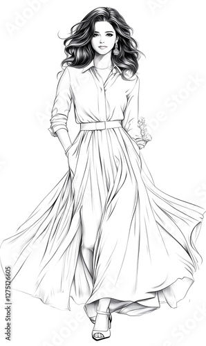 Wallpaper Mural Woman in a long dress is shown in a drawing. The dress is long and flowing, and the woman is wearing high heels. The drawing is in black and white Torontodigital.ca