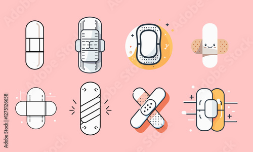 Icons sets collection of colorful cartoon style bandages with unique designs and decorations on a pink background, showcasing playful and cheerful medical accessories