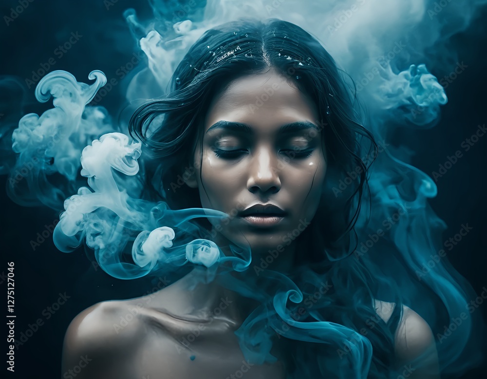Serene Woman Enveloped in Teal Smoke Serene Woman Enveloped in Teal Smoke