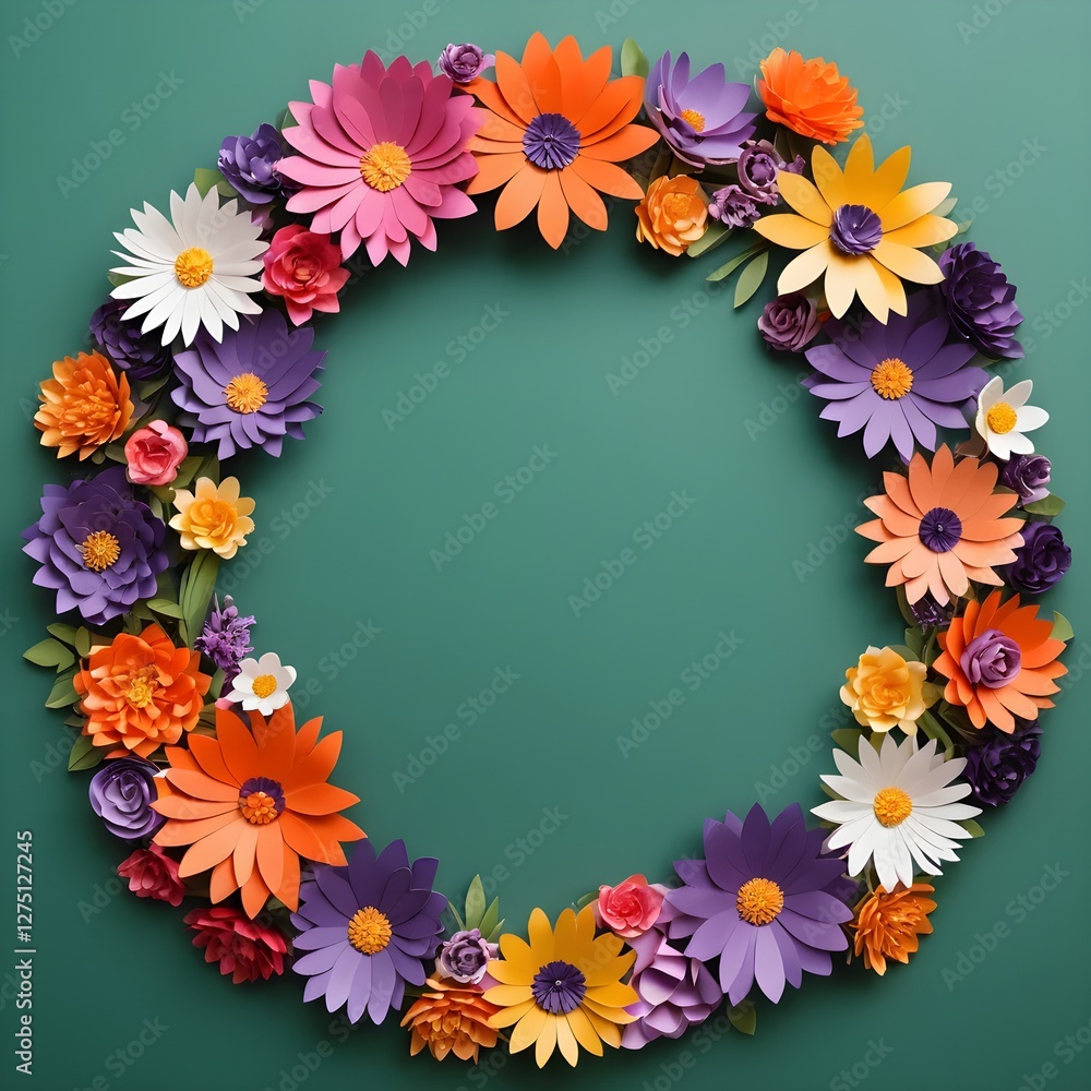 Paper Flower Wreath on Teal Background Paper Flower Wreath on Teal Background