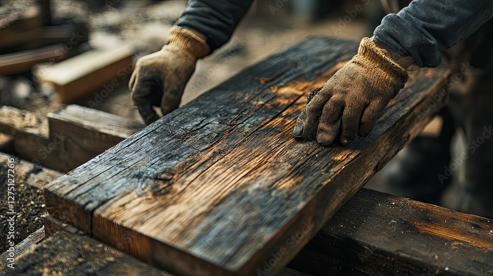 Gloved hands carefully inspect a charred wooden plank Gloved hands carefully inspect a charred wooden plank