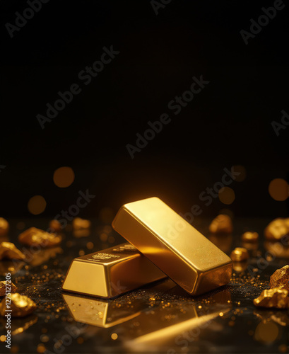 Two shiny gold bars are elegantly stacked reflective surface, surrounded by scattered gold nuggets, creating luxurious and opulent atmosphere. dark background enhances golden glow, emphasizing