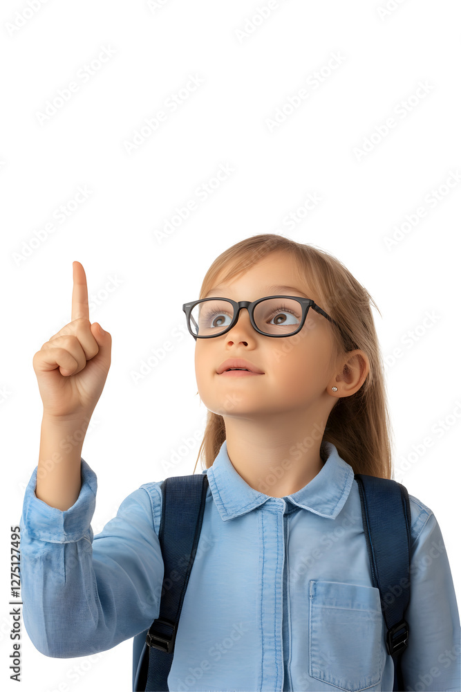 Enthusiastic young student girl pointing upwards with a cheerful expression on her face Enthusiastic young student girl pointing upwards with a cheerful expression on her face