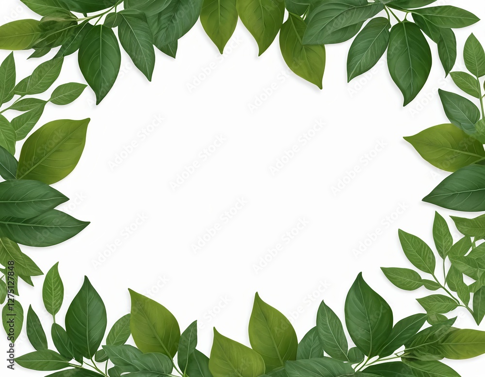 Fototapeta premium Lush Green Leaves Frame, White Background