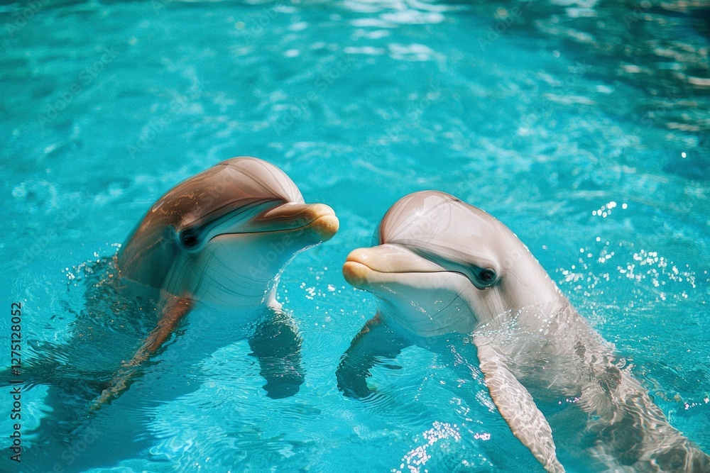 Naklejka premium Dolphins swim in turquoise water. Underwater mammals frolic, for travel