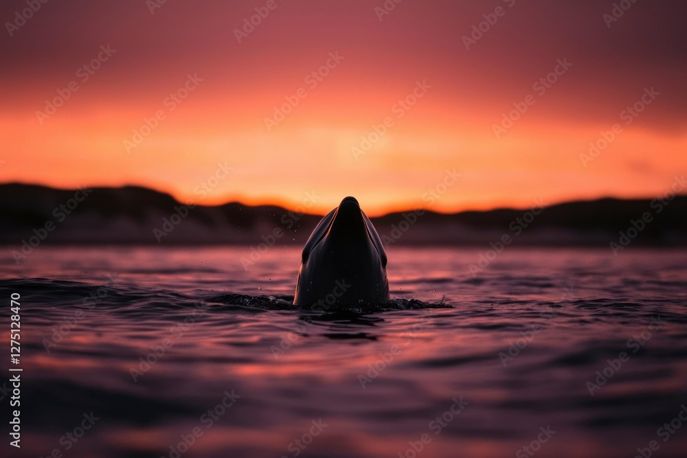Fototapeta premium Dolphin swimming in ocean, with sunset, wildlife marine nature scene for stock footage