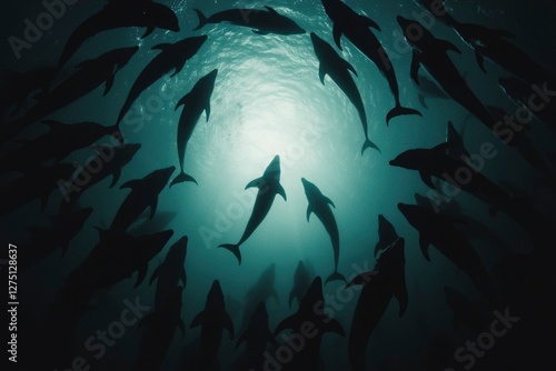 Dolphins swimming together in ocean depths, creating unity, for conservation themes photo