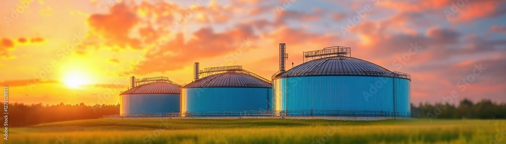 Industrial storage tanks under a vibrant sunset sky. Industrial storage tanks under a vibrant sunset sky.