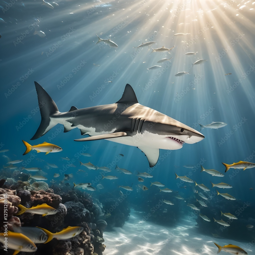 Fototapeta premium Majestic Great White Shark in Sunlit Ocean