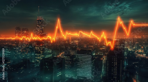 digital heart rate monitor flickers chaotically over a city  traders below scrambling as the economic pulse surges and falls.