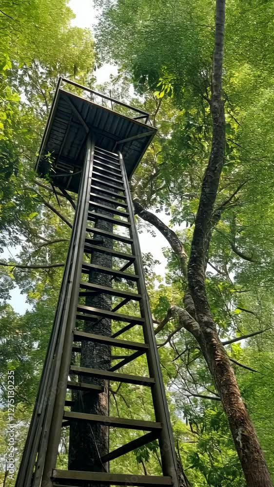 Tall observation tower surrounded by dense green trees in a forested area during daylight hours Tall observation tower surrounded by dense green trees in a forested area during daylight hours