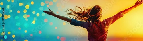 Joyful woman celebrating life against a vibrant sunset backdrop.