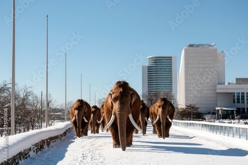 Woolly mammoths traverse snowy urban path by buildings, perhaps museum display photo