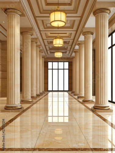 An elegant hallway featuring tall columns  polished marble flooring  and decorative lights  creating a grand atmosphere.