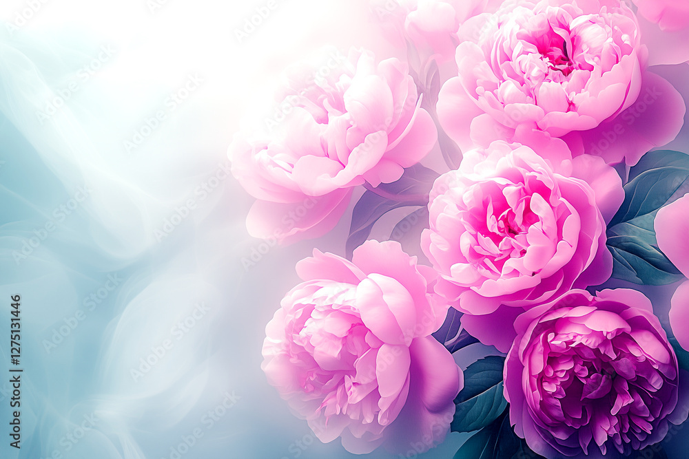 Fototapeta premium Beautiful bouquet of pink flowers with a blue background. The flowers are arranged in a way that they look like they are blooming. The blue background adds a sense of calmness