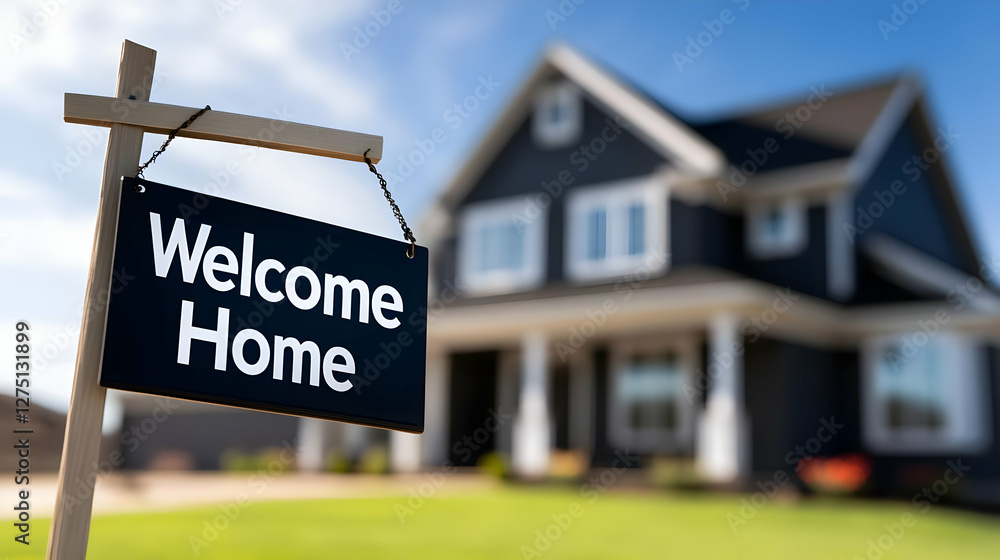Obraz premium A welcoming home sign in front of a beautiful house, embodying warmth and comfort for all who enter.