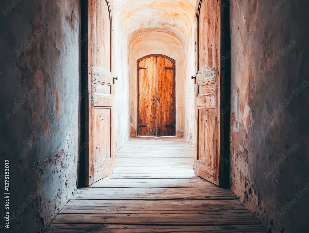 Fototapeta premium Light-filled corridor showcasing rustic wooden doors and charm.