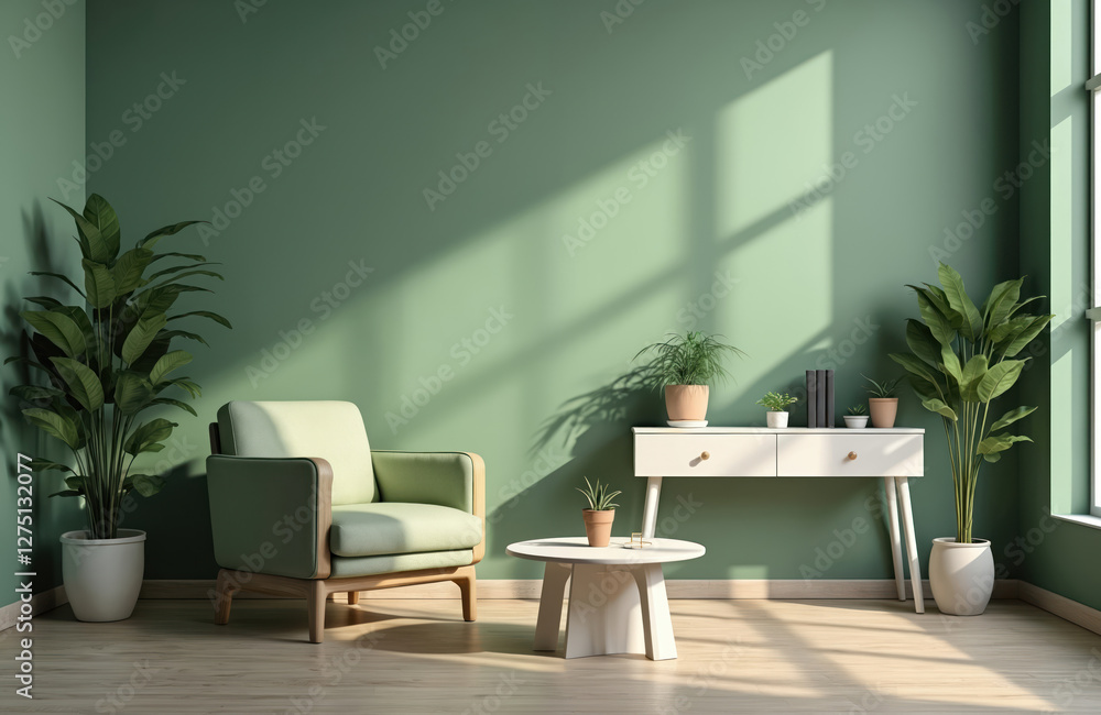 Fototapeta premium Modern cozy living room in monochrome sage green color. Contemporary interior design with trendy wall, table, house plants, chair. Generative AI art illustration, furniture lit by sunlight through