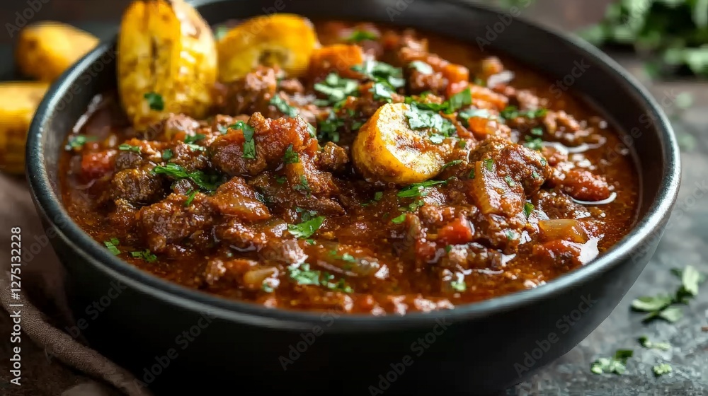 A hearty bowl of flavorful stew with herbs and vegetables, ideal for a comforting meal. A hearty bowl of flavorful stew with herbs and vegetables, ideal for a comforting meal.